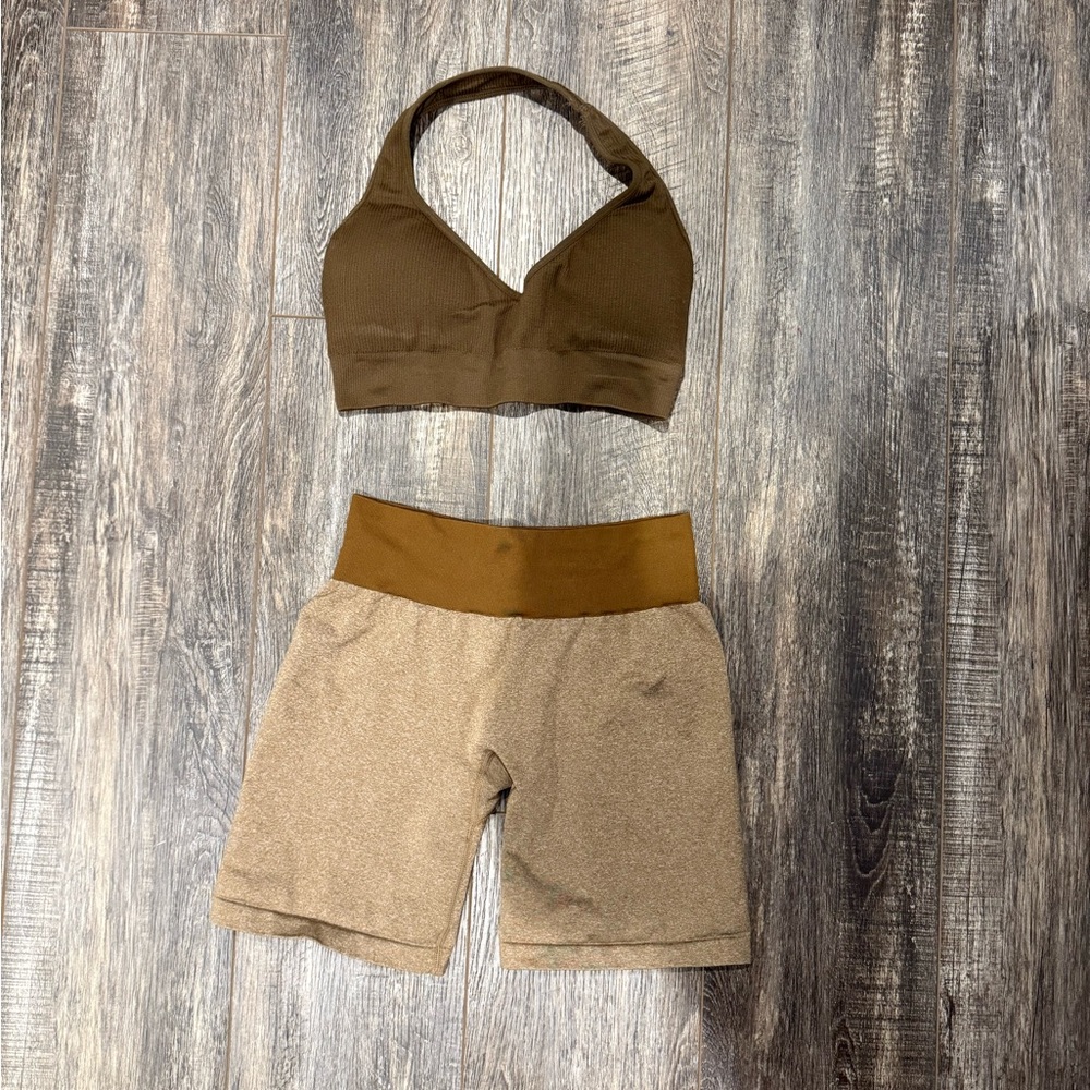 NVGTN Women’s High-Waist Tan Athletic Shorts set